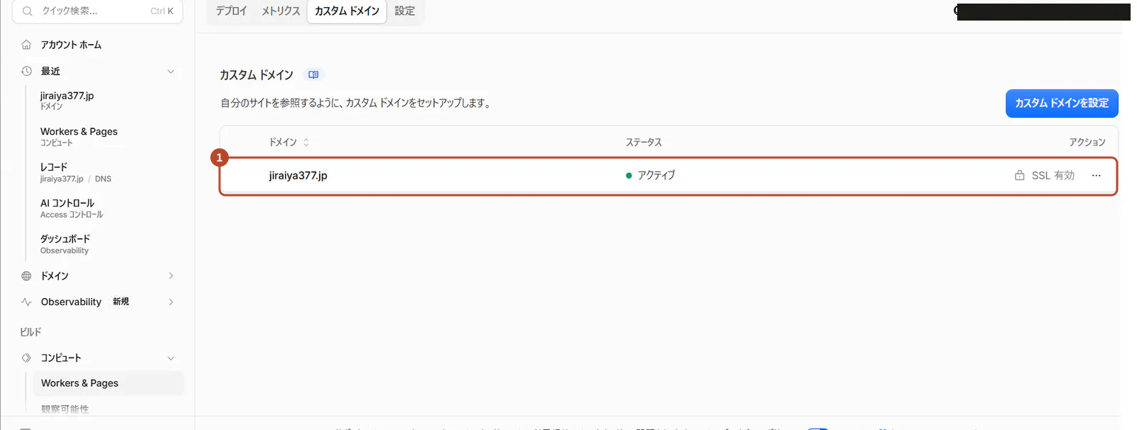 Pagesのカスタムドメインの画面。自分のドメインがアクティブと出ている行を囲んだ画面
